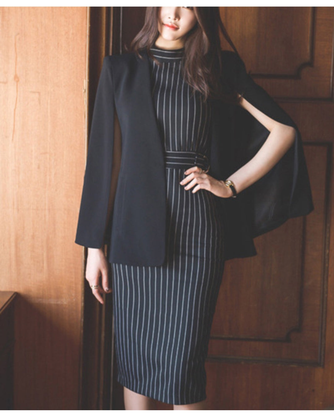 ストライプタイトドレス【計算された縦ライン大人モードの品格