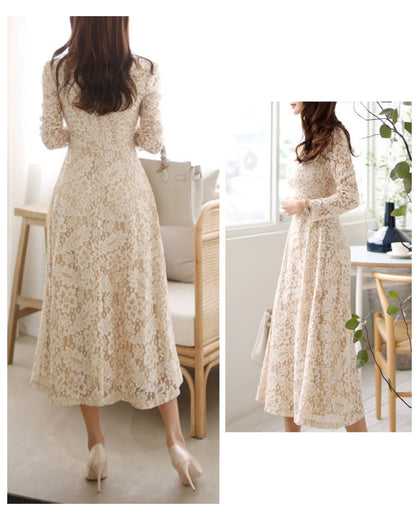 シアーレース切替ワンピース【上品に映える、透け感レース】