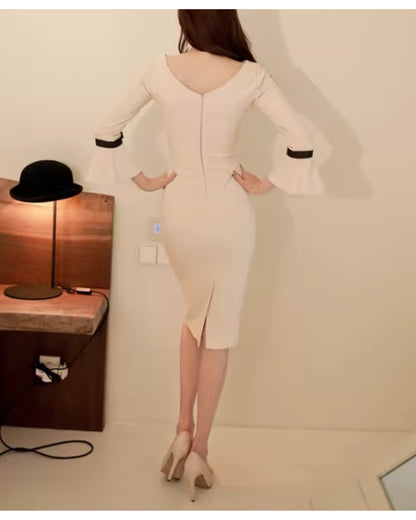 リボン付きボートネックワンピ【上品に色気を添える美しいライン】
