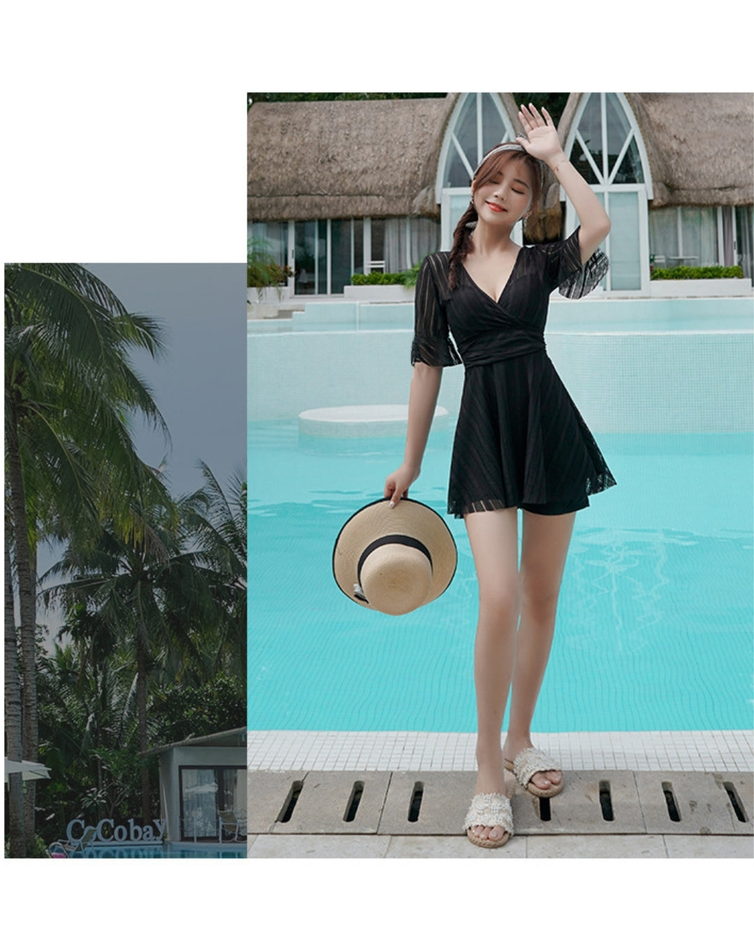 Vネックワンピース水着（体型カバー＆着痩せ効果）