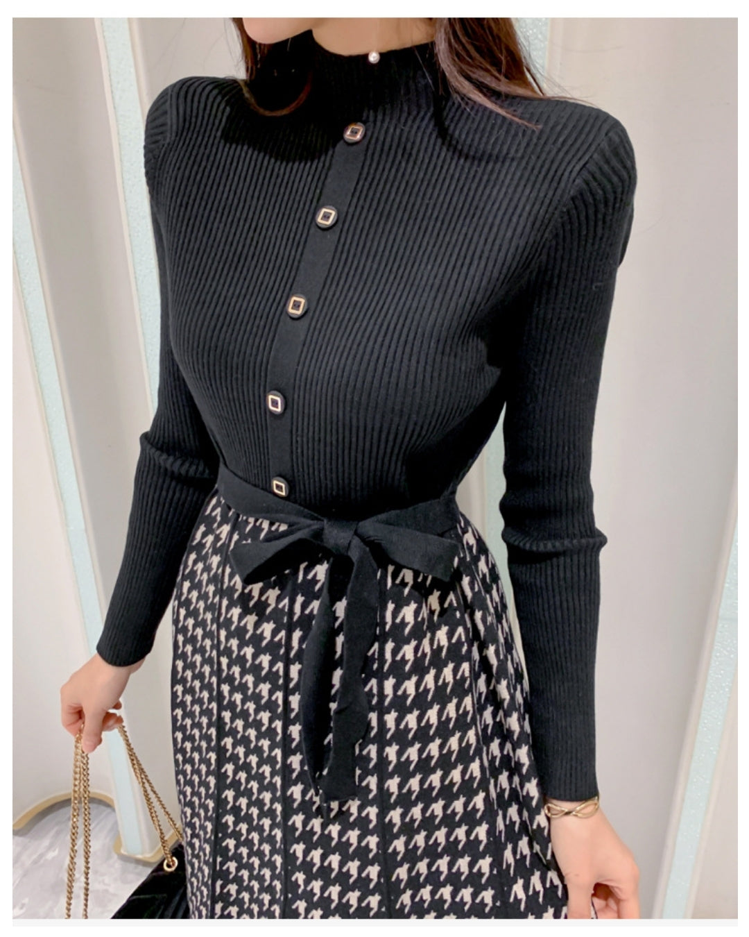 千鳥格子切替リボンワンピース【上品な存在感で魅せる大人エレガント】