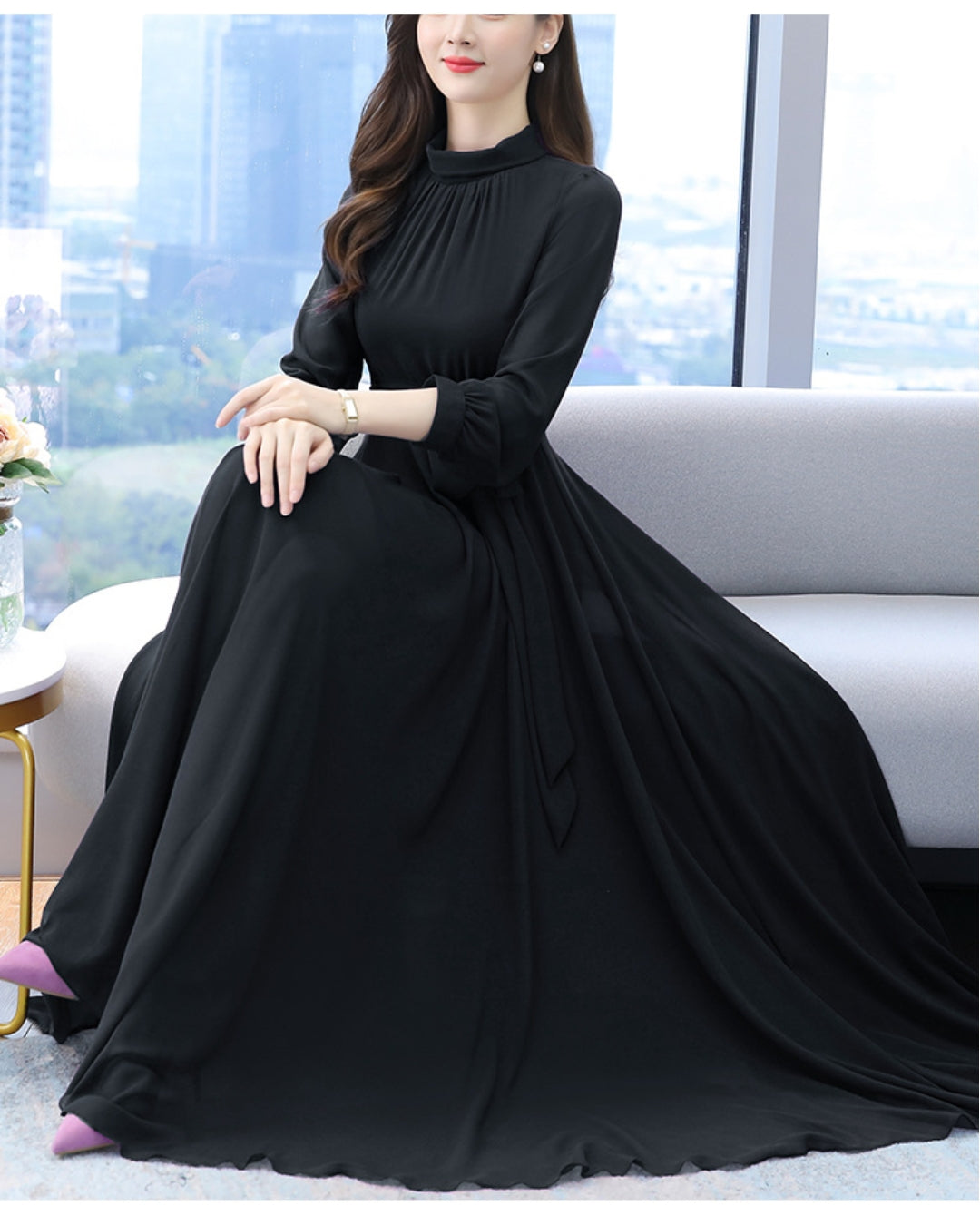 ロングシフォンワンピース【静かな華やぎを添える上品シルエット】