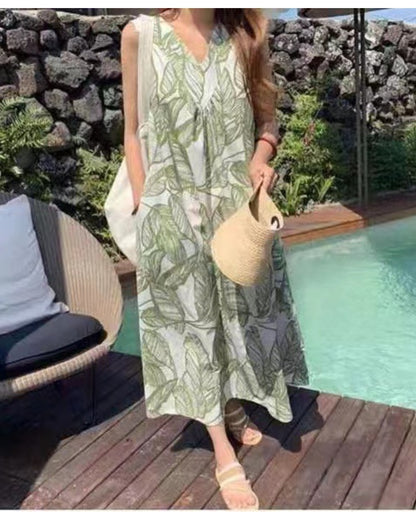 リーフ柄ロングワンピース【さらっと涼しく、夏映えワンピ】
