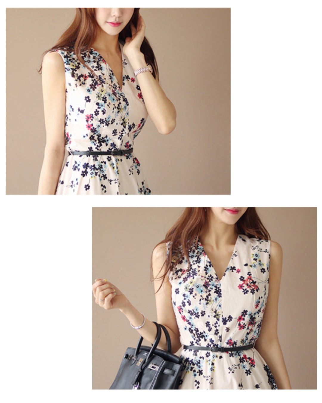 小花柄ノースリーブワンピース【甘さを抑えた花柄が映える洗練された一枚】