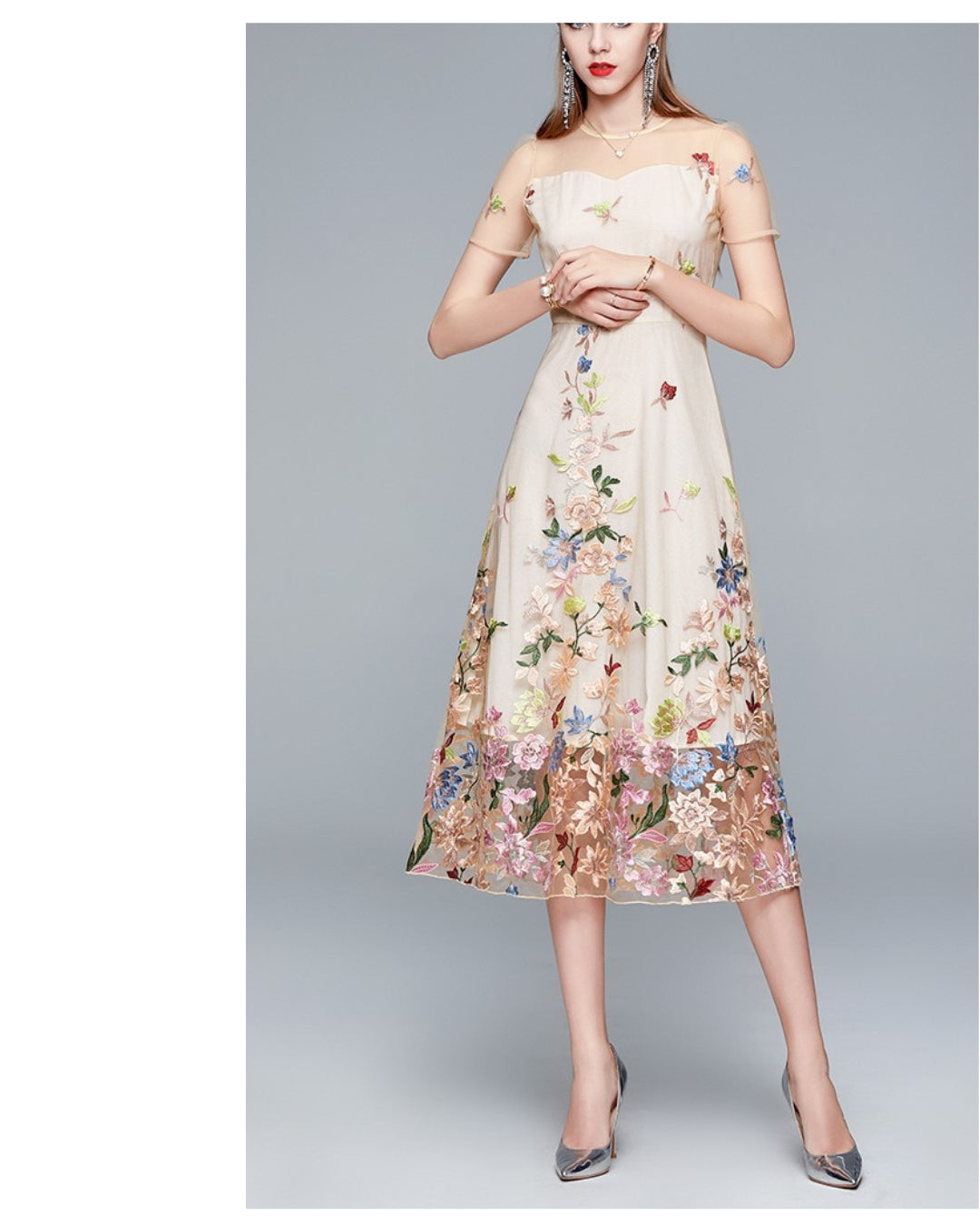 シースルー花柄刺繍ミモレドレス【凛と咲く、透け刺繍の華やぎ】