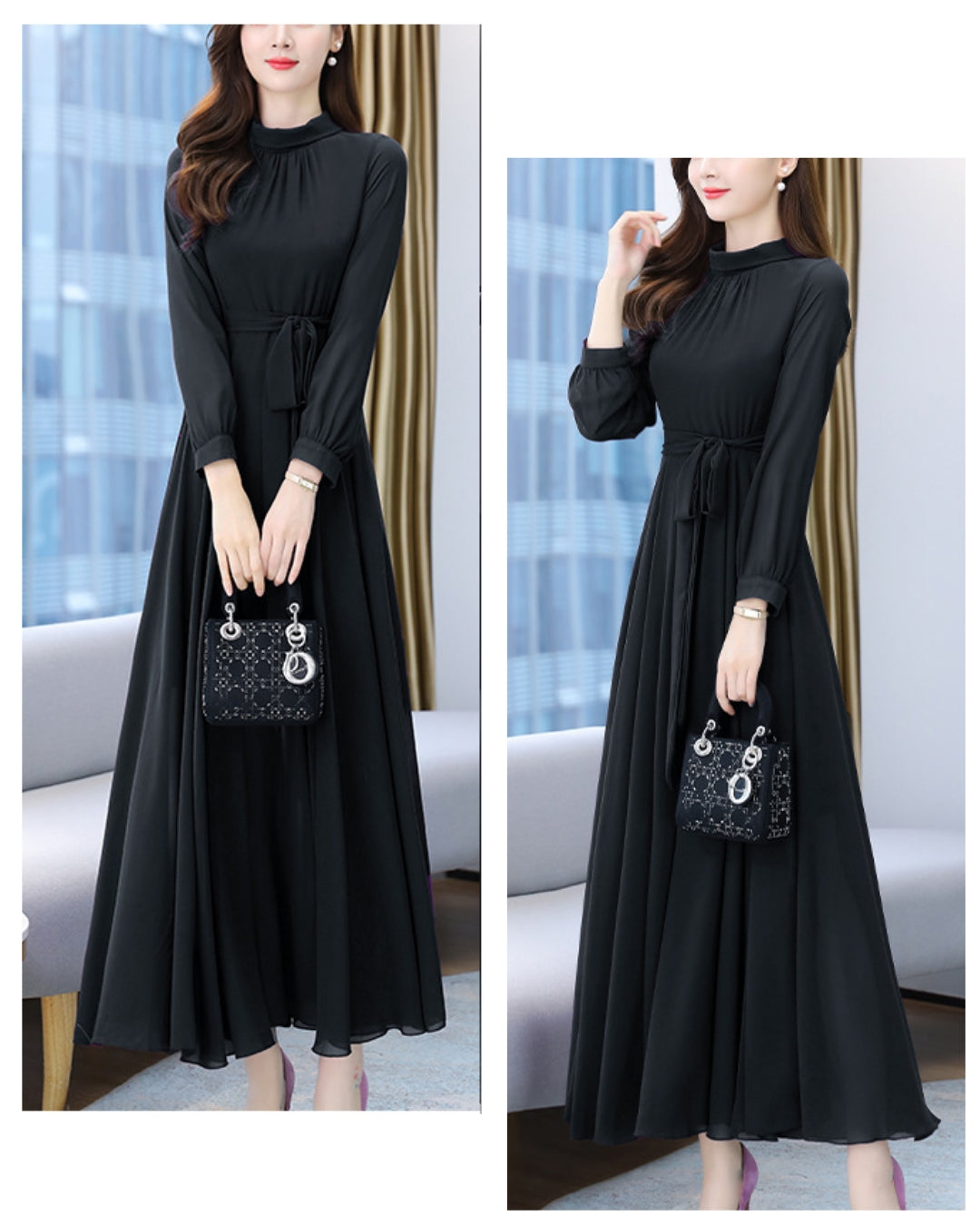 ロングシフォンワンピース【静かな華やぎを添える上品シルエット