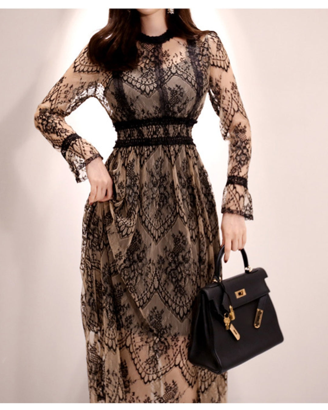 総レースハイウエストロングドレス【優雅に揺れる、気品レース】