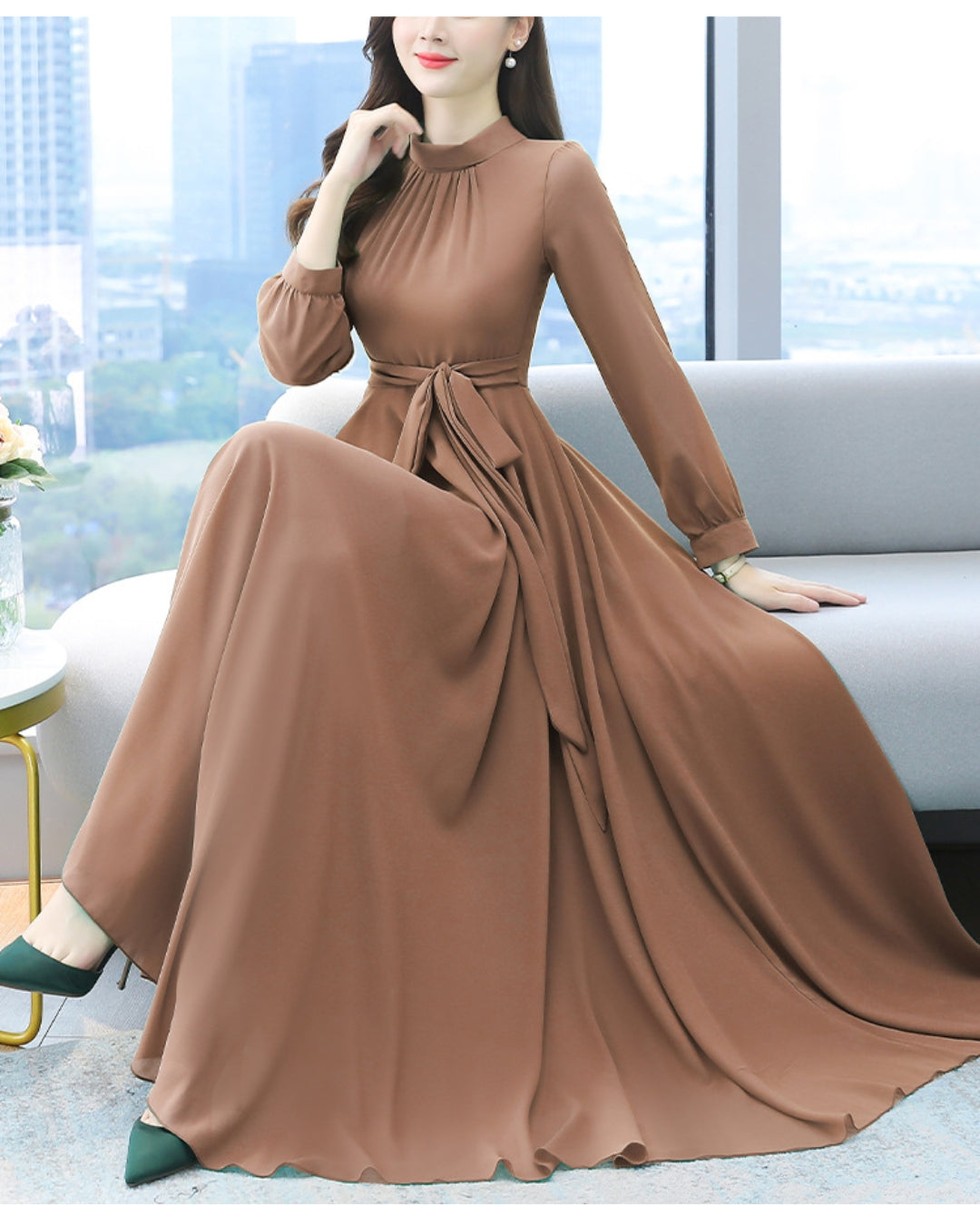 ロングシフォンワンピース【静かな華やぎを添える上品シルエット】