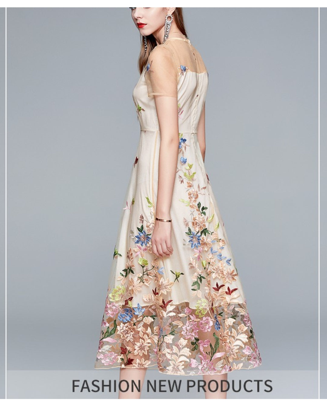 シースルー花柄刺繍ミモレドレス【凛と咲く、透け刺繍の華やぎ】