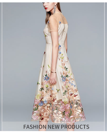 シースルー花柄刺繍ミモレドレス【凛と咲く、透け刺繍の華やぎ】