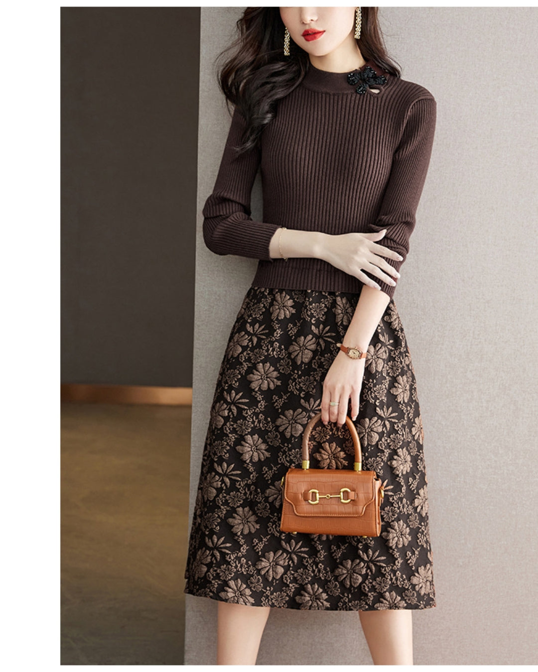 リブジャカードミディワンピース【コントラストが生む立体エレガンス】