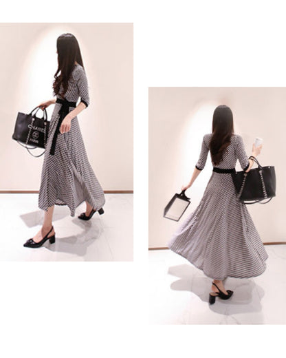 幾何学柄カシュクールロングドレス【視線を奪う、レトロ美シルエット】