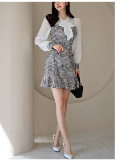 シアー袖・ツイードミニドレス【透け感と曲線美が描く大人エレガンス】