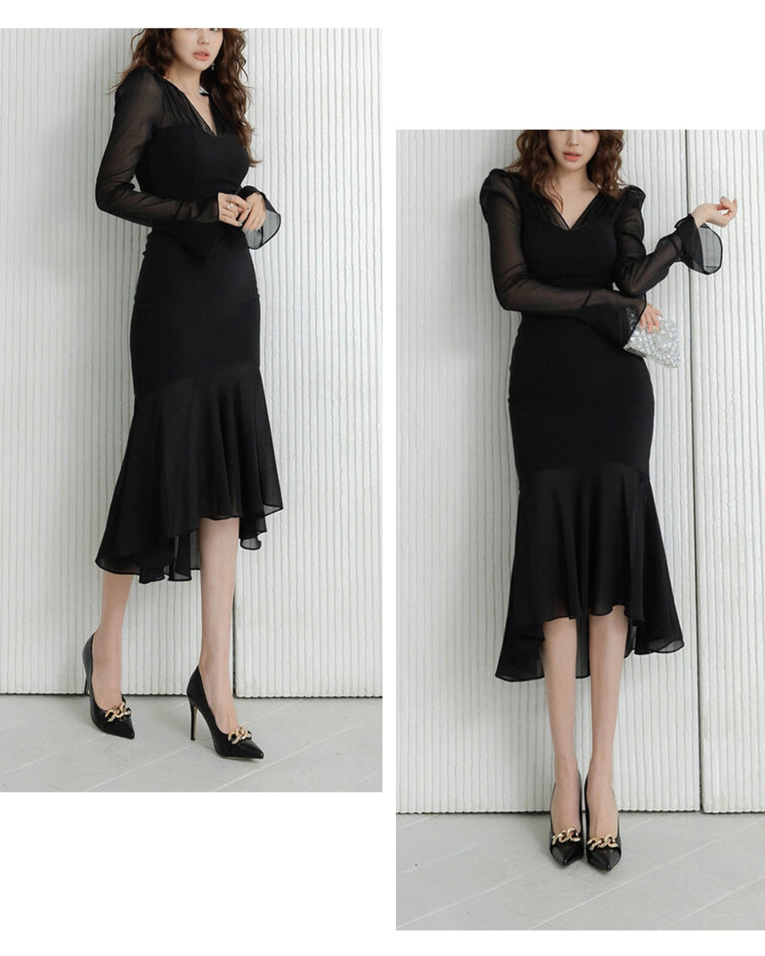 シアー袖マーメイドドレス【艶めくシアーで魅せる大人エレガント】