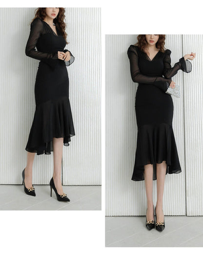 シアー袖マーメイドドレス【艶めくシアーで魅せる大人エレガント】