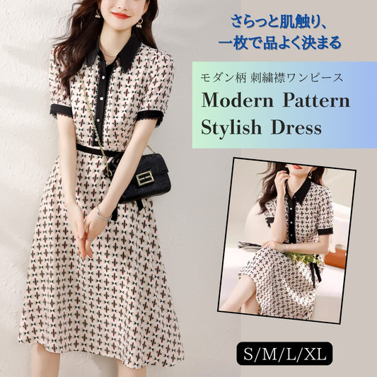モダン柄刺繍襟ワンピース【さらっと肌触り、一枚で品よく決まる】