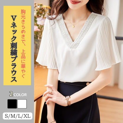 Ｖネック刺繍シフォンブラウス【胸元きらめきで、上品に華やぐ】