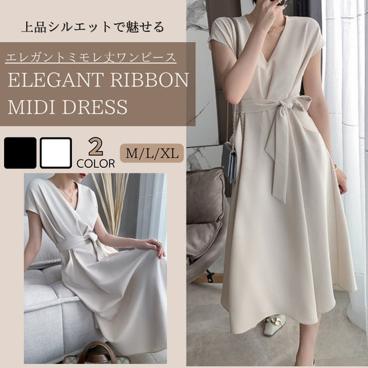 ラップデザイン上品ワンピース【リボンベルトが腰回りをカバー】