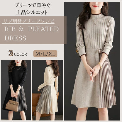 リブ切替プリーツワンピース【プリーツで華やぐ上品シルエット】